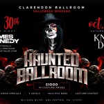 Haunted Ballroom Halloween weekend poster at Clarendon Ballroom, Arlington VA, with James Kennedy on October 30 and KNOLLDOLL on October 31