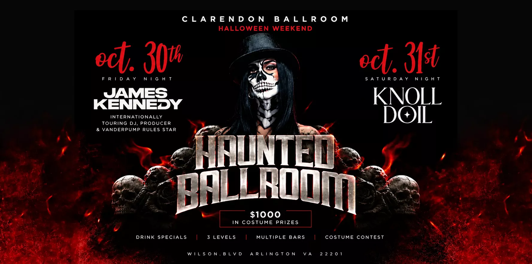 Haunted Ballroom Halloween weekend poster at Clarendon Ballroom, Arlington VA, with James Kennedy on October 30 and KNOLLDOLL on October 31
